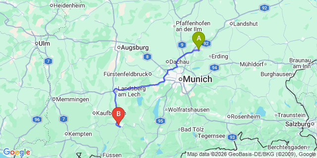 Map: Munich Airport (MUC) to Oetz