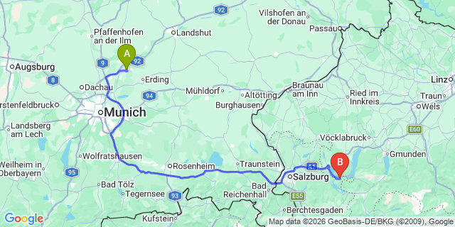 Map: Munich Airport (MUC) to Passau