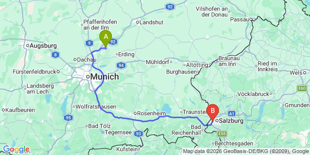 Map: Munich Airport (MUC) to Rauris