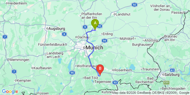 Map: Munich Airport (MUC) to Reith im Alpbachtal