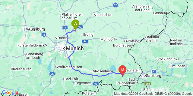 Map: Munich Airport (MUC) to Saalbach