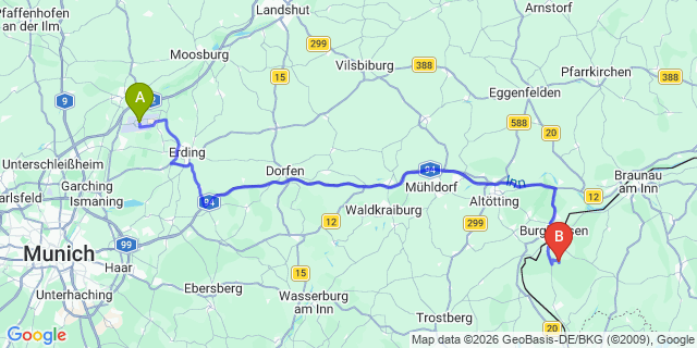 Map: Munich Airport (MUC) to Saalfelden