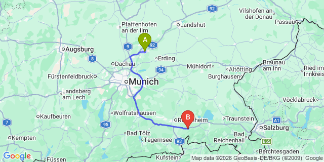 Map: Munich Airport (MUC) to Scheffau