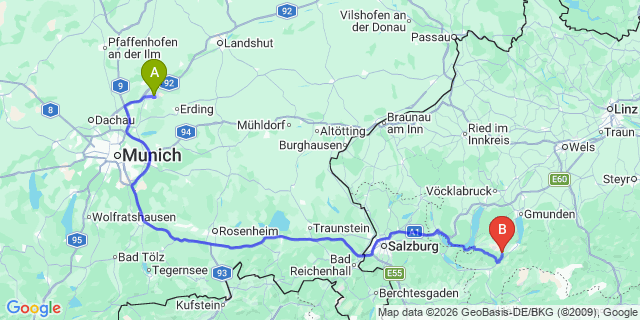 Map: Munich Airport (MUC) to Schladming