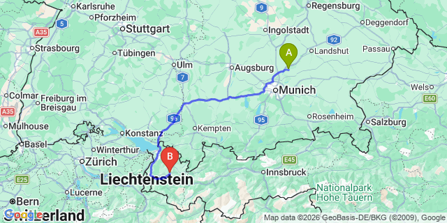 Map: Munich Airport (MUC) to Schruns