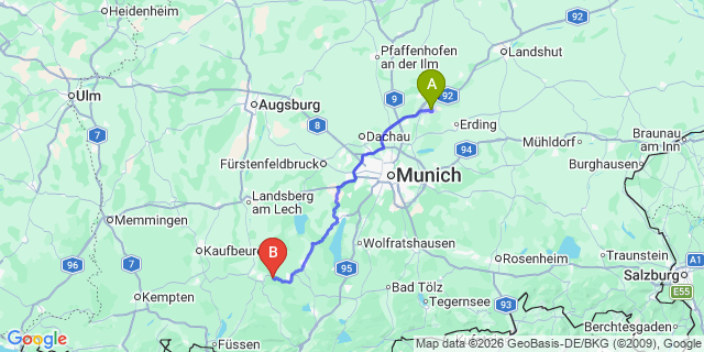 Map: Munich Airport (MUC) to Sölden