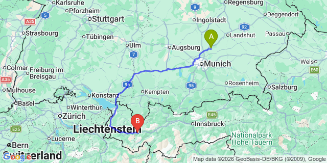 Map: Munich Airport (MUC) to St. Christoph am Arlberg