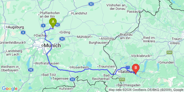 Map: Munich Airport (MUC) to St. Gilgen