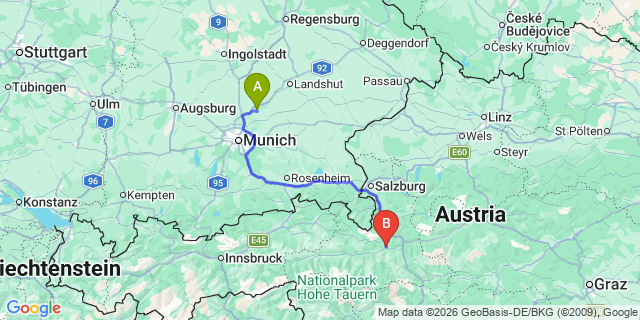 Map: Munich Airport (MUC) to St Johann-im-Pongau