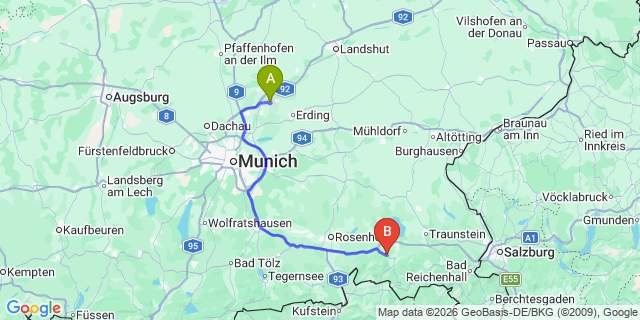 Map: Munich Airport (MUC) to St. Johann in Tirol
