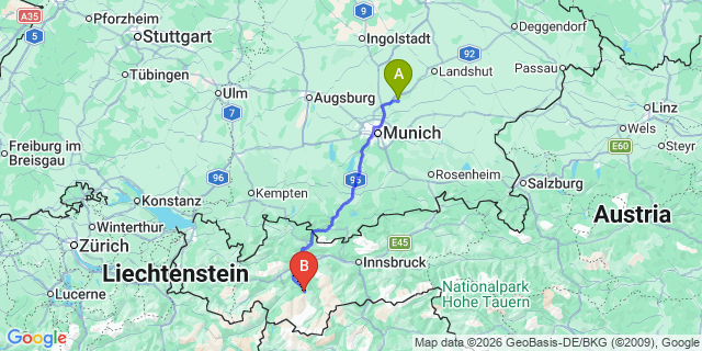 Map: Munich Airport (MUC) to Sankt Leonhard im Pitztal