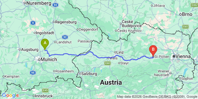 Map: Munich Airport (MUC) to St Pölten