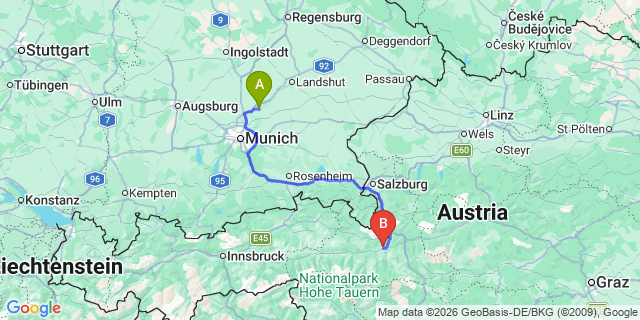Map: Munich Airport (MUC) to St Veit-im-Pongau