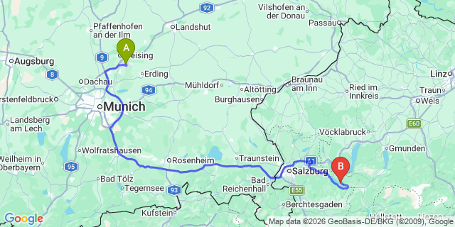 Map: Munich Airport (MUC) to St Wolfgang-am-Wolfgangsee