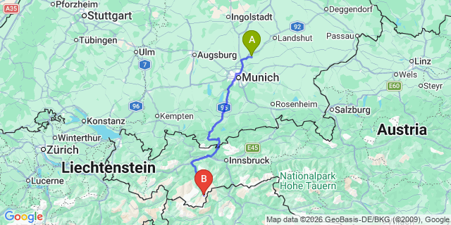 Map: Munich Airport (MUC) to Untergurgl