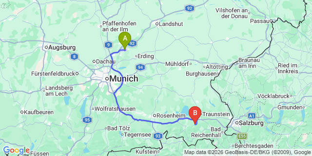 Map: Munich Airport (MUC) to Uttendorf