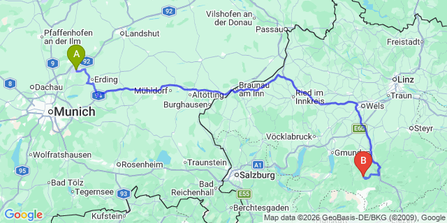 Map: Munich Airport (MUC) to Velden