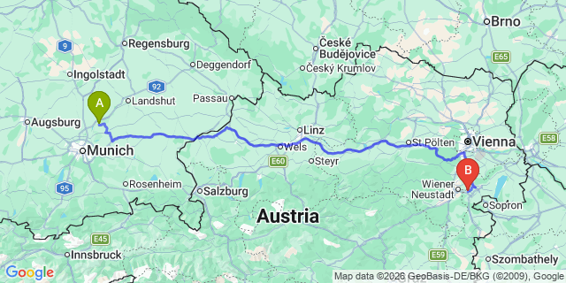 Map: Munich Airport (MUC) to Vienna city (all areas)