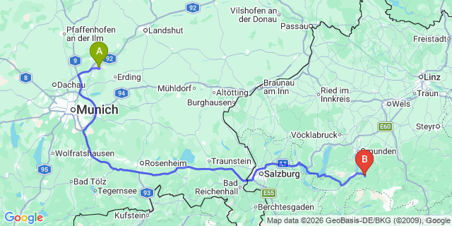 Map: Munich Airport (MUC) to Villach