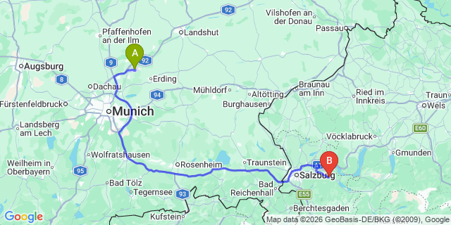 Map: Munich Airport (MUC) to Wagrain