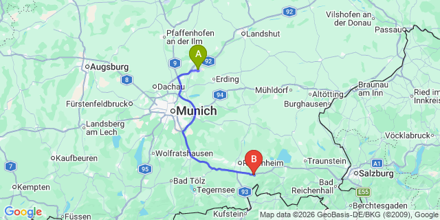 Map: Munich Airport (MUC) to Wald im Pinzgau