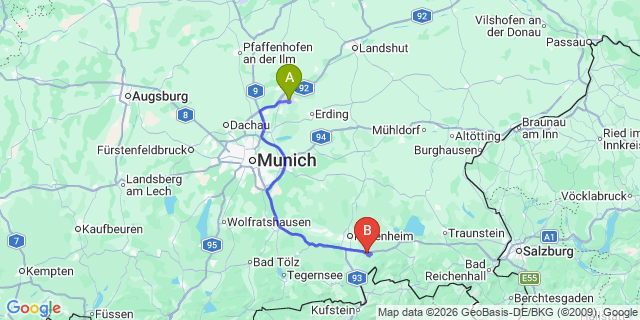Map: Munich Airport (MUC) to Westendorf