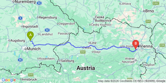 Map: Munich Airport (MUC) to Wiener Neustadt