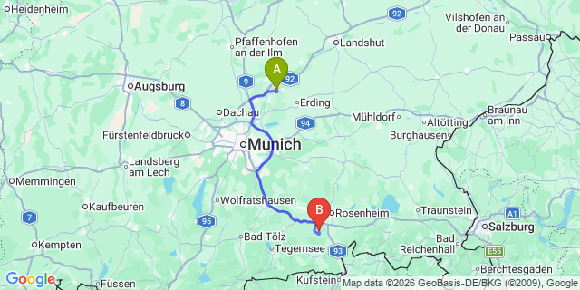 Map: Munich Airport (MUC) to Wildschonau