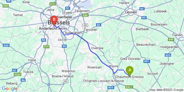 Map: Brussels Midi Train Station to Chaumont-Gistoux