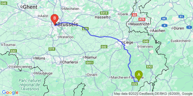 Map: Brussels Midi Train Station to Cherain