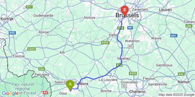 Map: Brussels Midi Train Station to Colfontaine