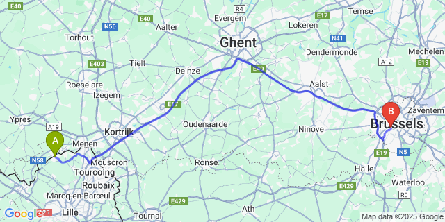 Map: Brussels Midi Train Station to Comines