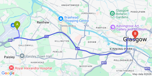 Map: Glasgow Airport (GLA) to Glasgow
