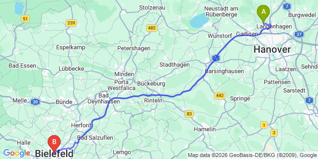 Map: Hannover Airport (HAJ) to Bielefeld