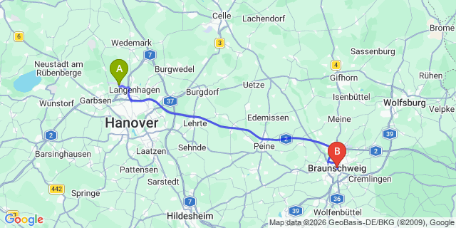 Map: Hannover Airport (HAJ) to Braunschweig