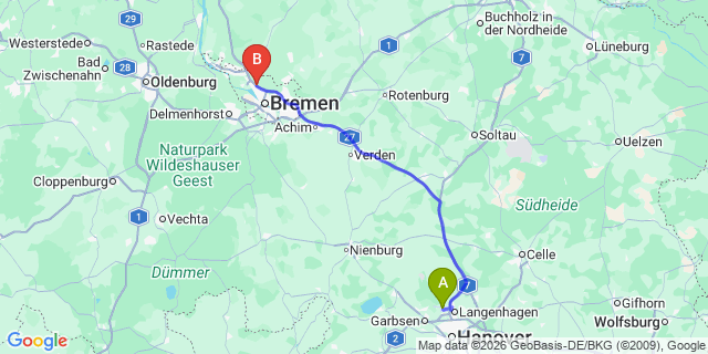 Map: Hannover Airport (HAJ) to Bremen city (all areas)