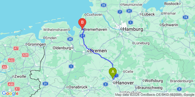 Map: Hannover Airport (HAJ) to Bremerhaven