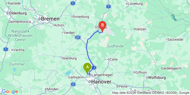 Map: Hannover Airport (HAJ) to Camping Südsee-Camp (Wietzendorf)