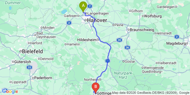 Map: Hannover Airport (HAJ) to Göttingen