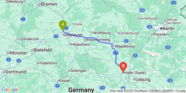 Map: Hannover Airport (HAJ) to Halle (Saale)