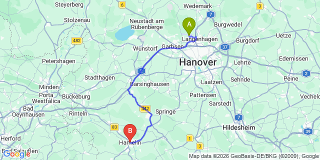 Map: Hannover Airport (HAJ) to Hameln