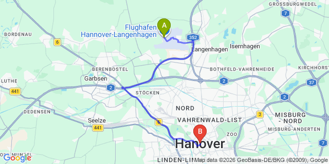 Map: Hannover Airport (HAJ) to Hannover city (all areas)