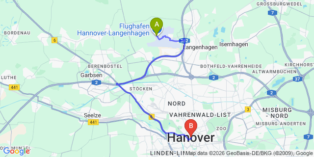Map: Hannover Airport (HAJ) to Hannover city (all areas)