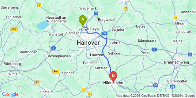 Map: Hannover Airport (HAJ) to Hildesheim