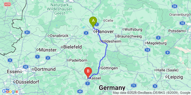 Map: Hannover Airport (HAJ) to Kassel