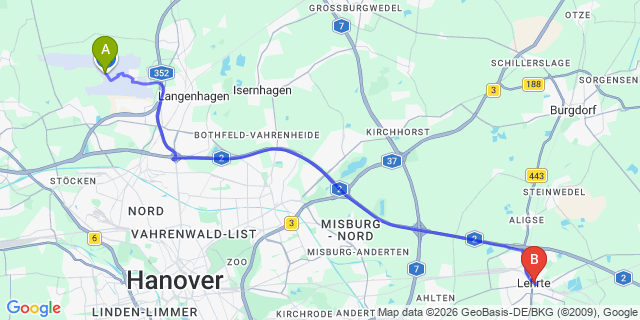 Map: Hannover Airport (HAJ) to Lehrte