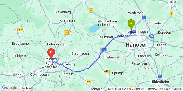 Map: Hannover Airport (HAJ) to Minden