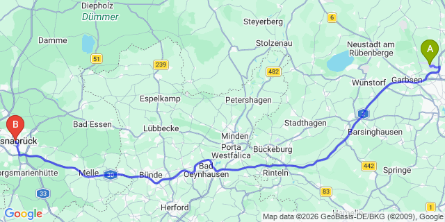 Map: Hannover Airport (HAJ) to Osnabrück city (all areas)