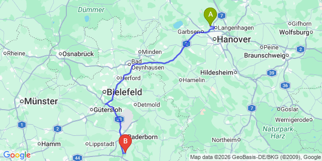Map: Hannover Airport (HAJ) to Paderborn