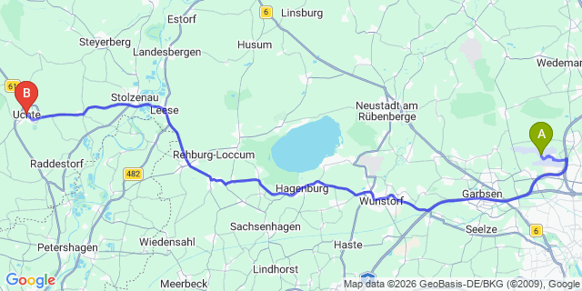 Map: Hannover Airport (HAJ) to Uchte